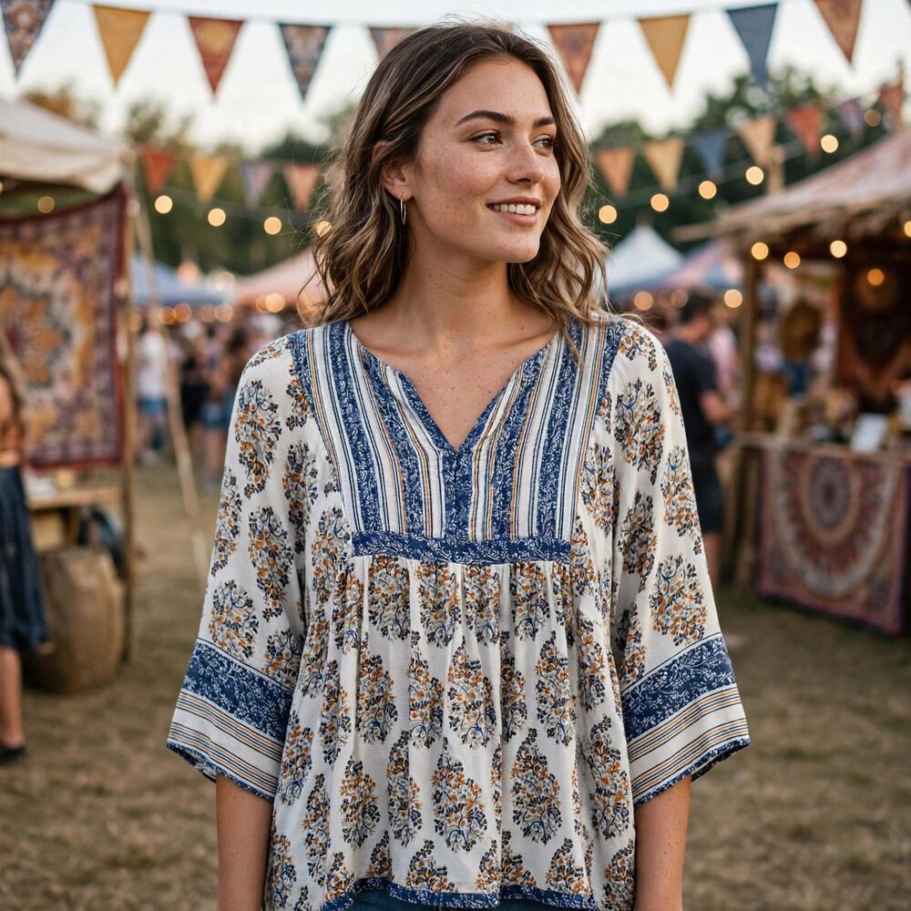 Lucky Brand Hippie Paisley Peasant Blouse Tunic Empire Waist Bell Sleeve Boho